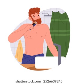 Man trimming beard at bathroom. Vector guy using shaver for hair trim at face. Cartoon person making hygiene routine and facial cosmetic treatment. Shaving and head cleansing at neckline. Bath theme