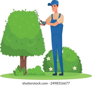 Man trimming green tree foliage. Gardener work isolated on white background