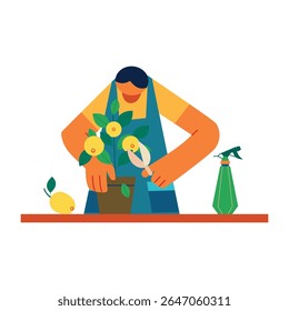 A man is trimming the leaves on his potted fruit tree. Homegrown concept vector illustration.
