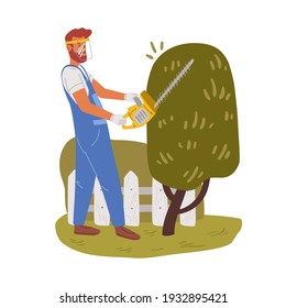 Man trimming plant with hedge trimmer. Professional garden worker working with bush or tree in backyard. Colored flat vector illustration of gardener in uniform and gloves isolated on white background