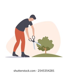 Man trimming a tree with scissors in a garden. Vector illustration