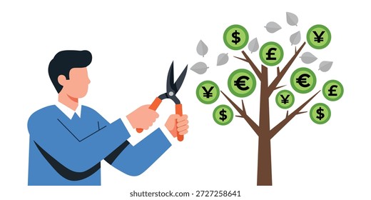 Man trims money tree laden with various currency symbols like dollars, euros, pounds, and yen