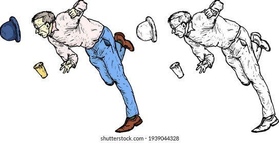 Man trip and fall down dropping his hat and drink container. Hand drawn vector illustration.