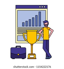 man with trophy award cup and objects