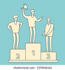 Man with trophy cup. Business competition winner. Businessman with winner cup standing on podium retro linear concept. Winner man success on podium