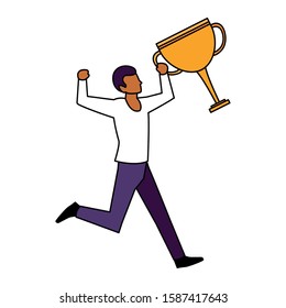 man with trophy gold in white background vector illustration design
