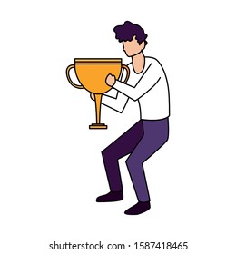 man with trophy gold in white background vector illustration design