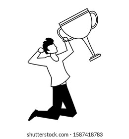 man with trophy gold in white background vector illustration design