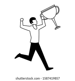 man with trophy gold in white background vector illustration design