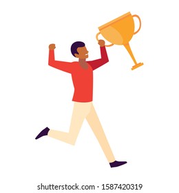 man with trophy gold in white background vector illustration design