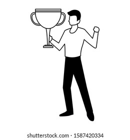 man with trophy gold in white background vector illustration design