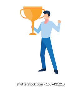 man with trophy gold in white background vector illustration design