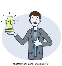 Man with trophy in hand. comic, vector.