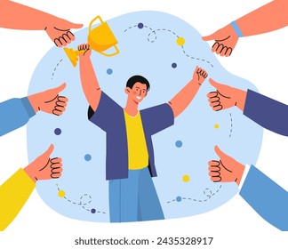 Man with trophy. Young guy with golden cup near public approval. Confetti and celebration. Successful businessman and entrepreneur. Cartoon flat vector illustration isolated on white background