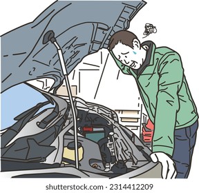 
A man in trouble while opening the hood