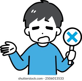 A man with a troubled expression holding a cross-marked placard