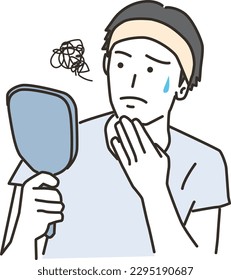 A man with a troubled face doing skin care while looking in the mirror
