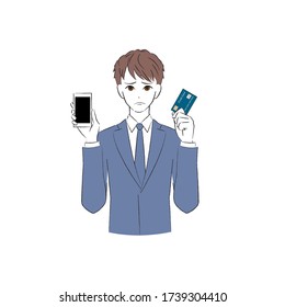 A man with a troubled face with a smartphone and a cash card