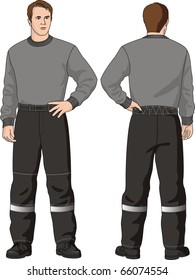 The man in trousers with a belt and pockets