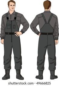 The man in trousers with shoulder straps and a jumper
