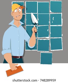 Man with a trowel and a tiling float standing in front of a wall with poorly laid tiles, EPS 8 vector illustration