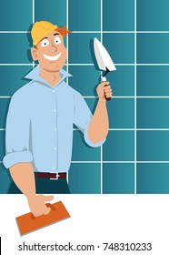 Man with a trowel and a tiling float standing in front of a wall covered with ceramic tiles, EPS 8 vector illustration