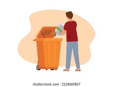 Man trowing garbage to the garbage bin. Simple flat illustration
