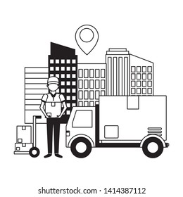 man and truck cardboard box destination city fast delivery vector illustration