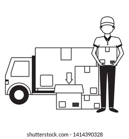 man truck cargo boxes fast delivery vector illustration