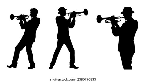 Man with trumpet silhouette, Trumpeter, Musician plays the trumpet jazz. Silhouette trumpeter on white background