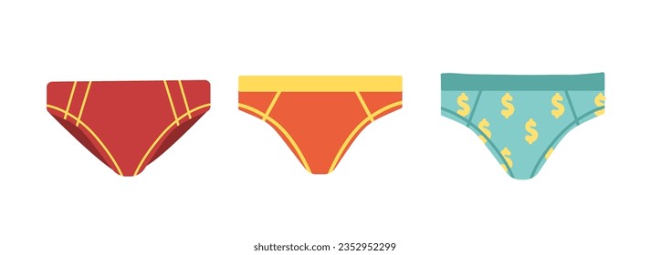 Juego de troncos de hombre. Ropa para la playa y para tomar el sol. Ropa de verano. Calzoncillos rojo, naranja y azul. Plantilla, disposición y burla. Colección vectorial plana de dibujos animados aislada en fondo blanco