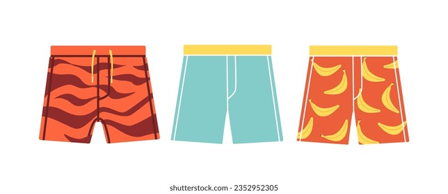 Juego de troncos de hombre. Traje de baño y boxeadores para hombres. Moda y tendencia. Calzoncillos rojo, naranja y azul. Afiche o cartel para el sitio web. Colección vectorial plana de dibujos animados aislada en fondo blanco