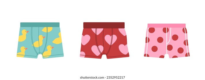 Juego de troncos de hombre. En verano, podrá tomar el sol en la playa y en la piscina. Calzoncillos rojo, rosa y azul. Afiche o pancarta. Colección vectorial plana de dibujos animados aislada en fondo blanco