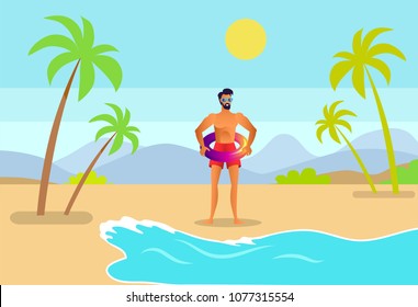 Man in trunks and sunglasses with inflatable ring on tropical seashore. Beard male go to sea through sandy beach among palms cartoon vector illustration.