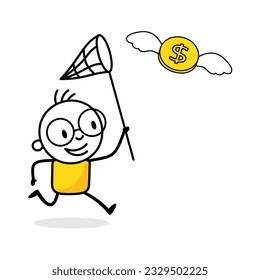 Man try to catch flying dollar coin. Chasing high performance active mutual fund, catch or grab hot ETFs concept. Vector stock illustration.