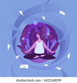 Man try to defend himself from information streams. Mail spam, communication overdose flat illustration. Digital Information overload concept. Escape from city.
