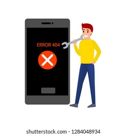 Man try to fix broken website. 404 error page not found concept. Flat vector illustration of internet connection problem