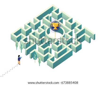 Man try to get award cup in maze / labyrinth