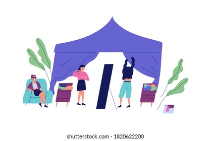 Hombre intenta saltar frente al espejo en la tienda de la ilustración plana del vector del mercado callejero. La gente elige ropa en una feria de trapo o en un mercado aislado. Consultor y clientes en una tienda o tienda al aire libre