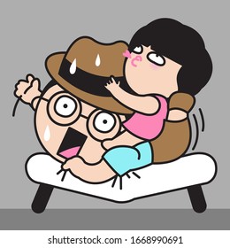 Man Try To Sleep But Miniature Girl Wants To Play With Him. She Lies Down On His Back. Funny Happy Family Life At Home Concept. Character for Card illustration