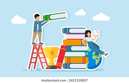 a man try to stack books with the help of a ladder while a woman reads a book sit on a globe near a pile of books and a trophy illustration of the importance of insight and literacy