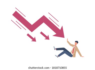 El hombre intenta detener la flecha que cae. Crisis económica y recesión de la deuda crediticia no pagada, hundimiento de los negocios y la bancarrota, colapso de las empresas nuevas, concepto de problemas financieros y monetarios vector ilustración plana