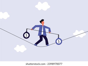 Hombre tratando de equilibrar deuda, préstamo o hipoteca y caminando sobre una delgada ilustración de cuerda