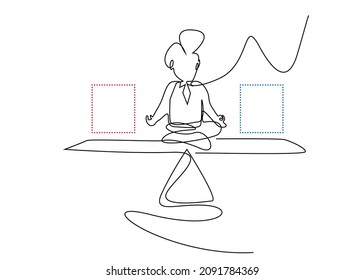 Un hombre tratando de equilibrar trabajo y vida. Un hombre haciendo yoga en un balance.