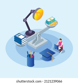 Hombre tratando de equilibrar el trabajo o la educación concepto de vector isométrico 3D para banner, sitio web, ilustración, página de aterrizaje, volante, etc