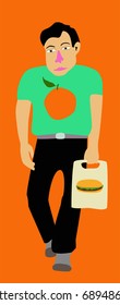 Man trying to be healthy, with hamburger bag. Vector illustration