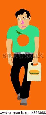 Man trying to be healthy, with hamburger bag. Vector illustration