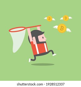 A man trying to catch bitcoin with a butterfly net. Digital currency.