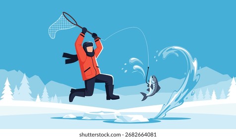 A man is trying to catch a fish with a net during winter.