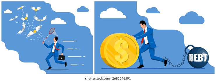 Homem tentando pegar dinheiro voador e outro homem puxando uma moeda gigante com peso da dívida. Luta financeira e conceito de sucesso.